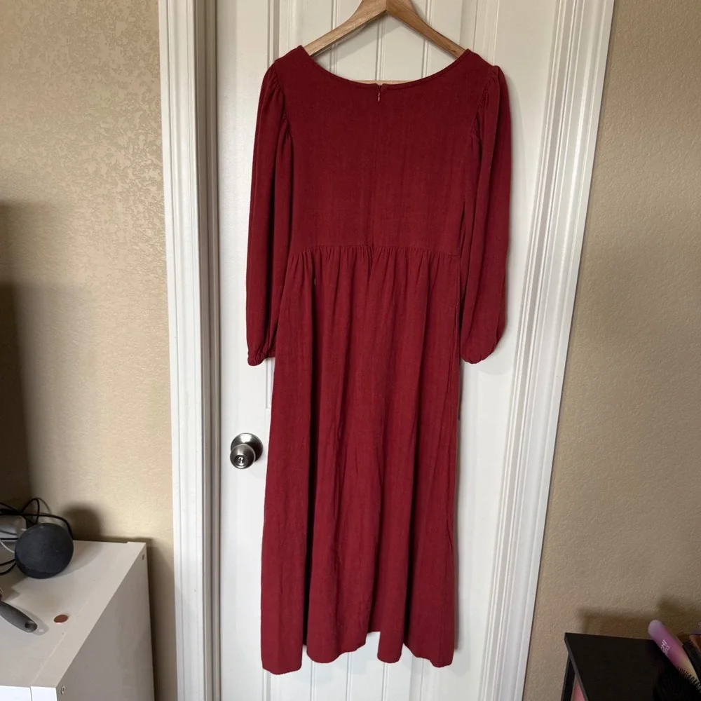 Rachel Pally Midi Dress Womens Small Red Excellent‎ Linen Blend Puff Sleeve
